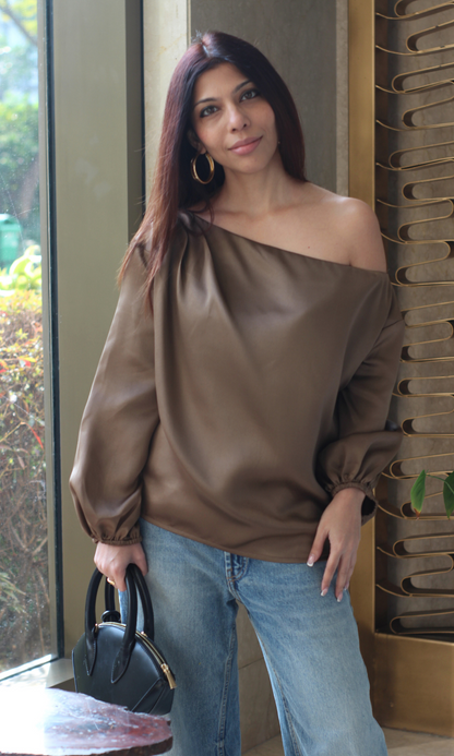 Coffee Balloon Sleeved One Shoulder Top