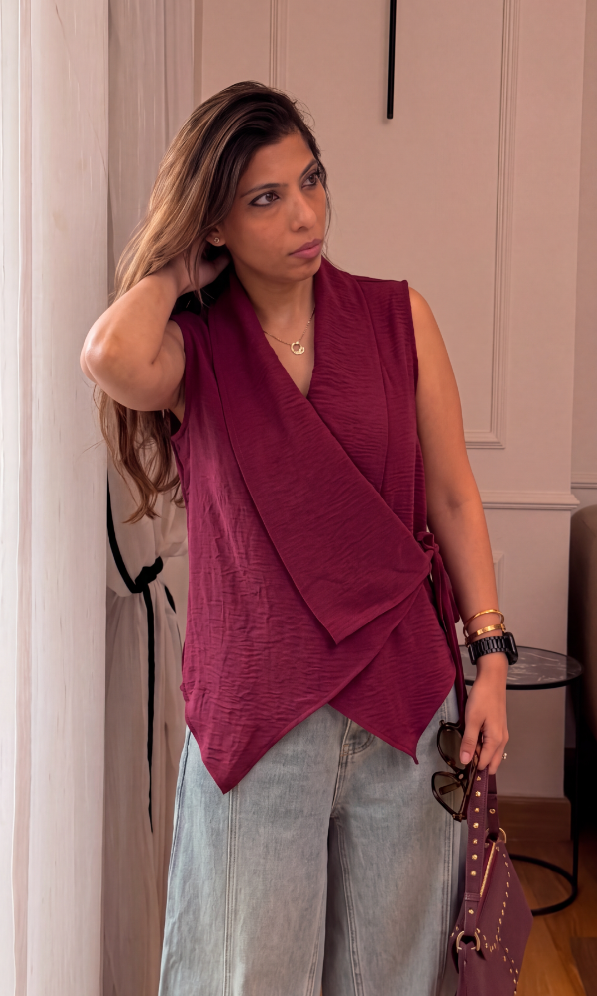 Burgundy Asymmetric Wrap Top.