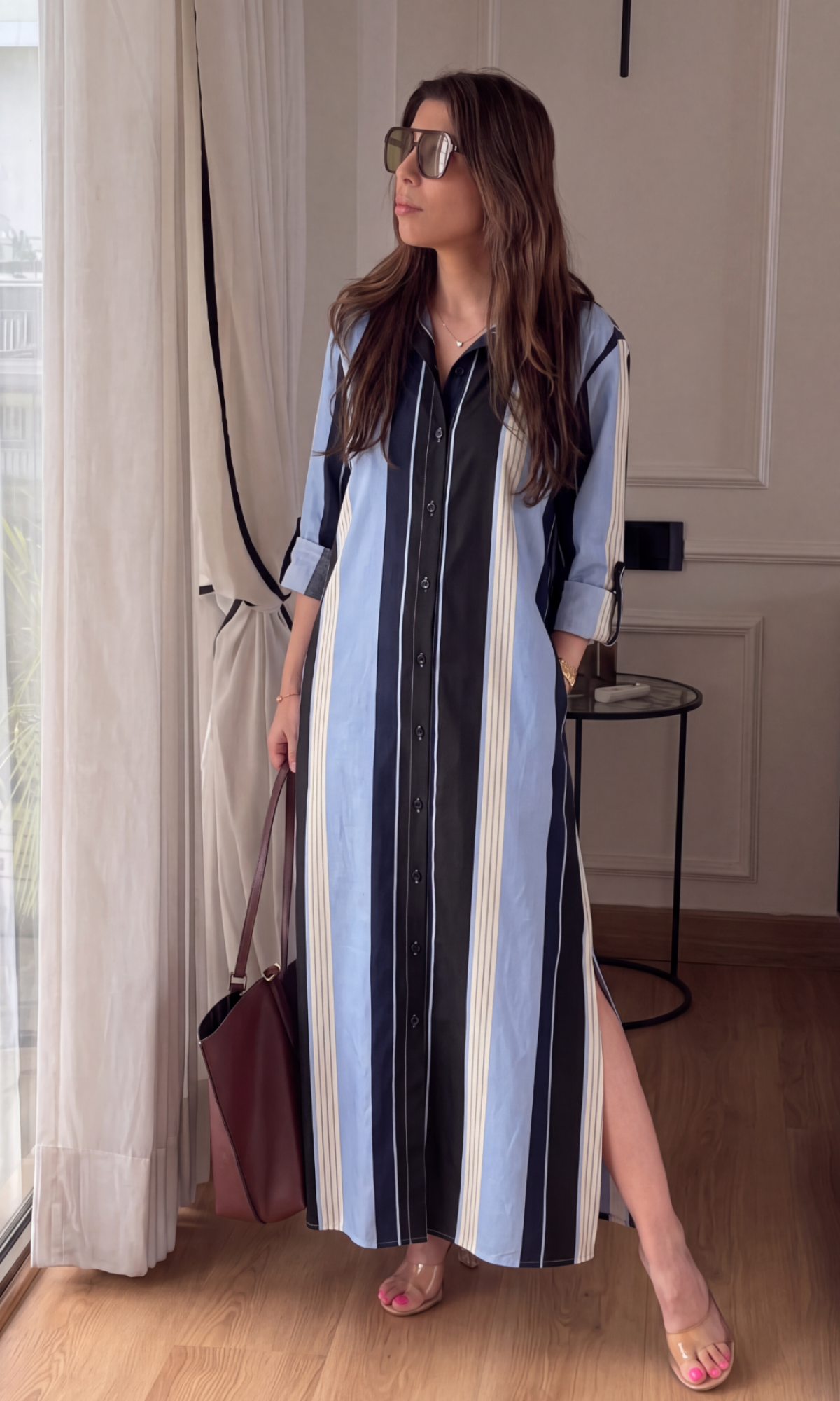 Navy Barcode Striped Shirt Dress