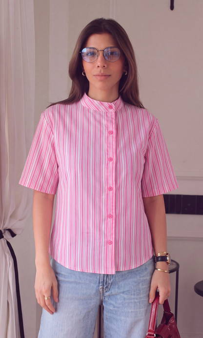 Pink Striped Mandarin Collar Shirt