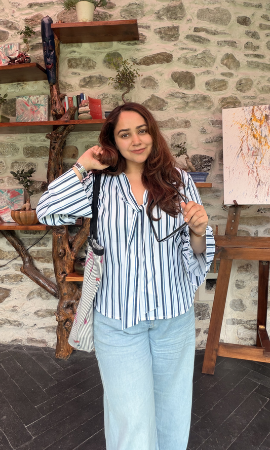 Navy Striped Tie-Neck Flared Sleeve Top