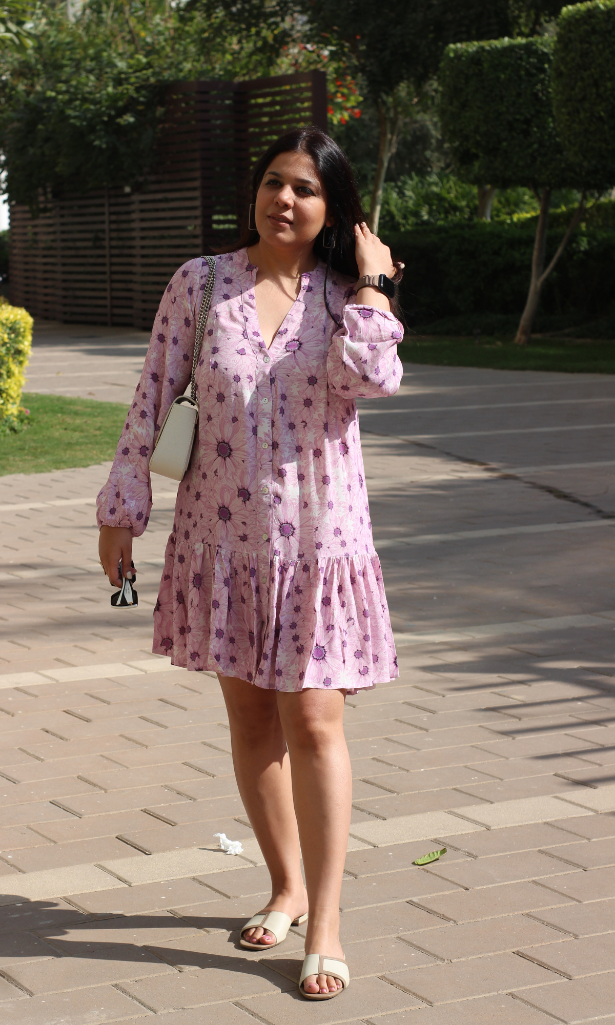 Vibrant Purple Printed Sleeved Crepe Dress