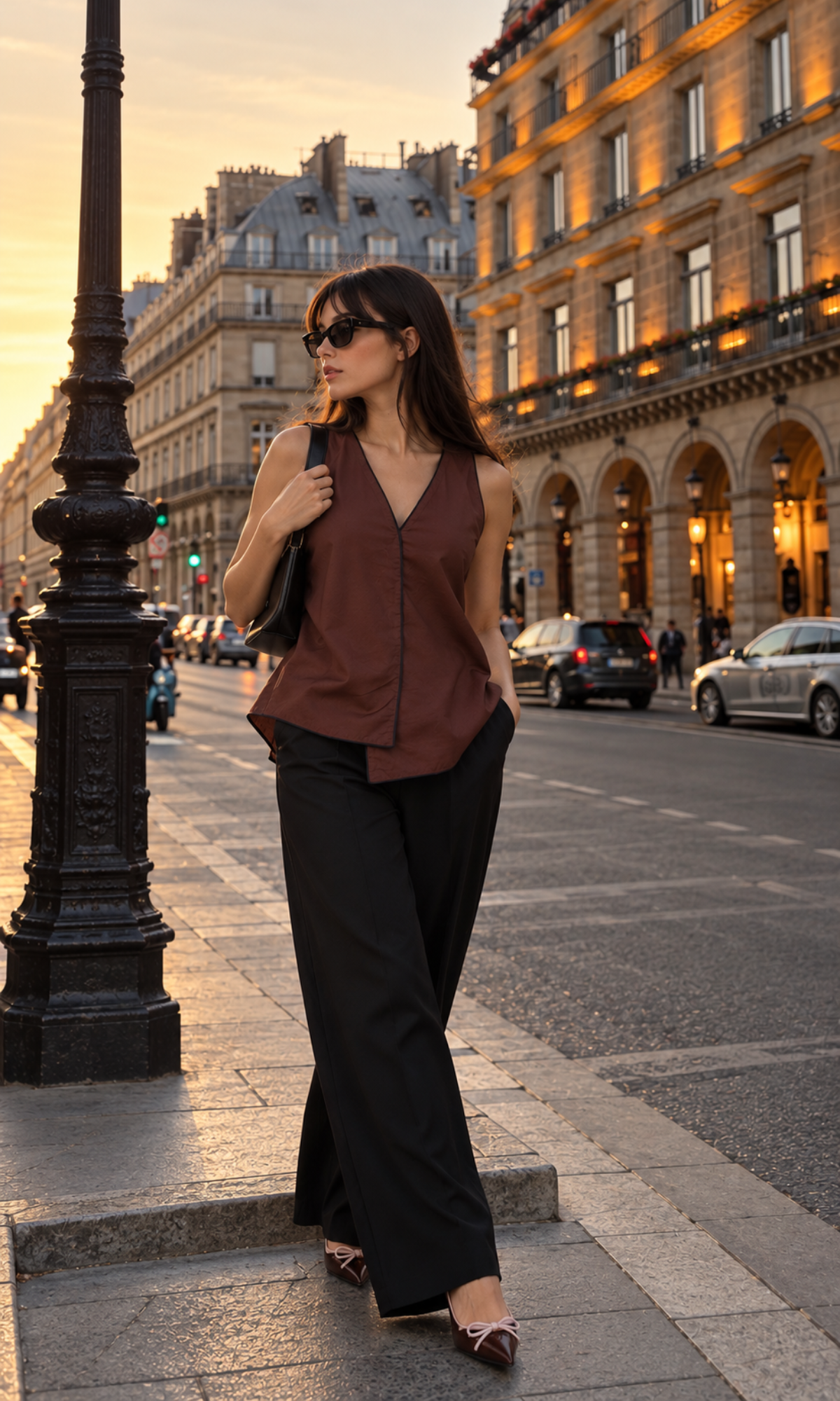 Brown Piped V-Neck Cami