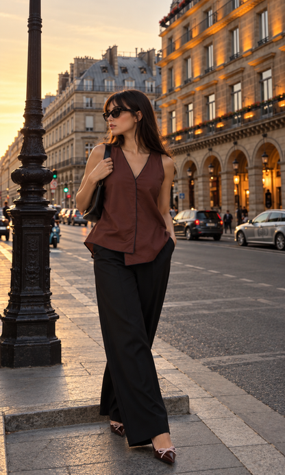 Brown Piped V-Neck Cami