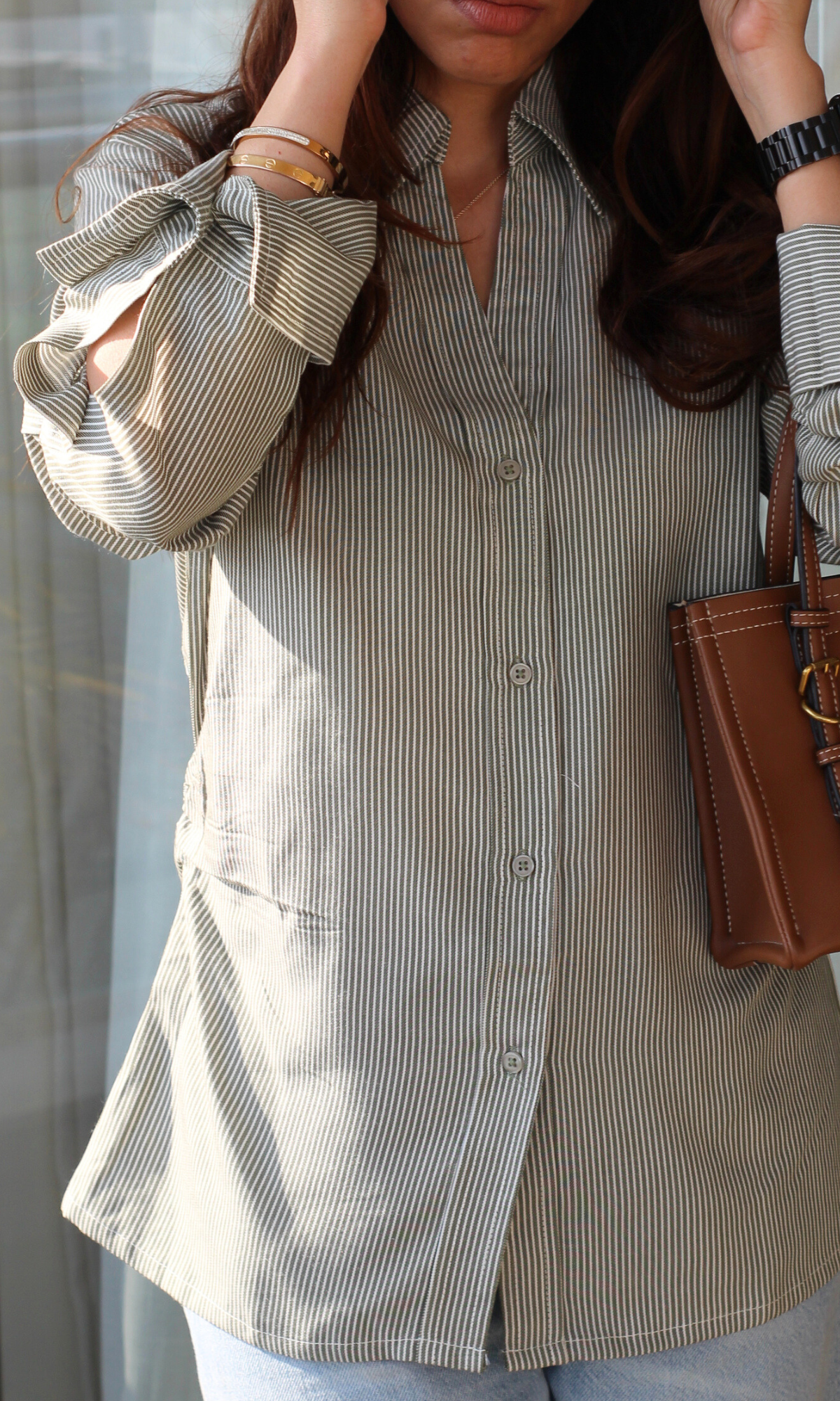 Green Striped Side Cinch Shirt
