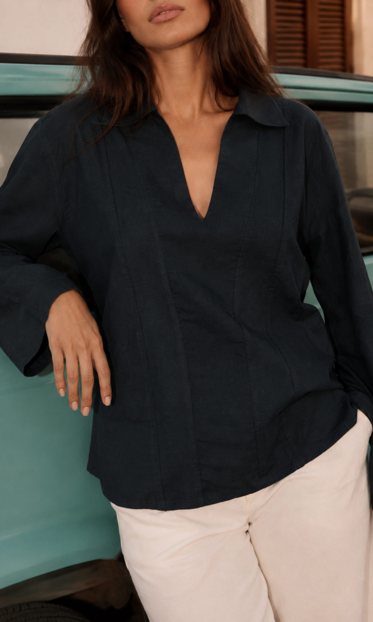 Charcoal Textured V-Neck Blouse