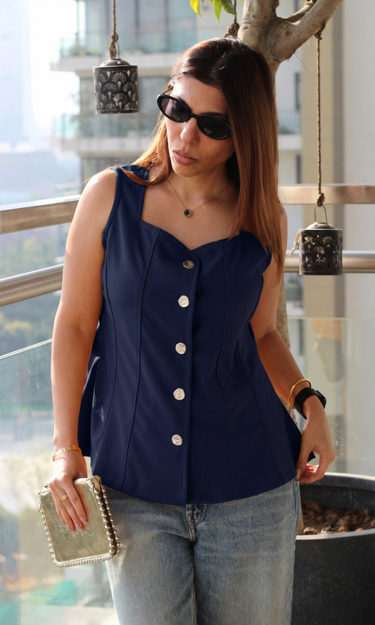 Deep Blue Silver Buttoned Flared Top
