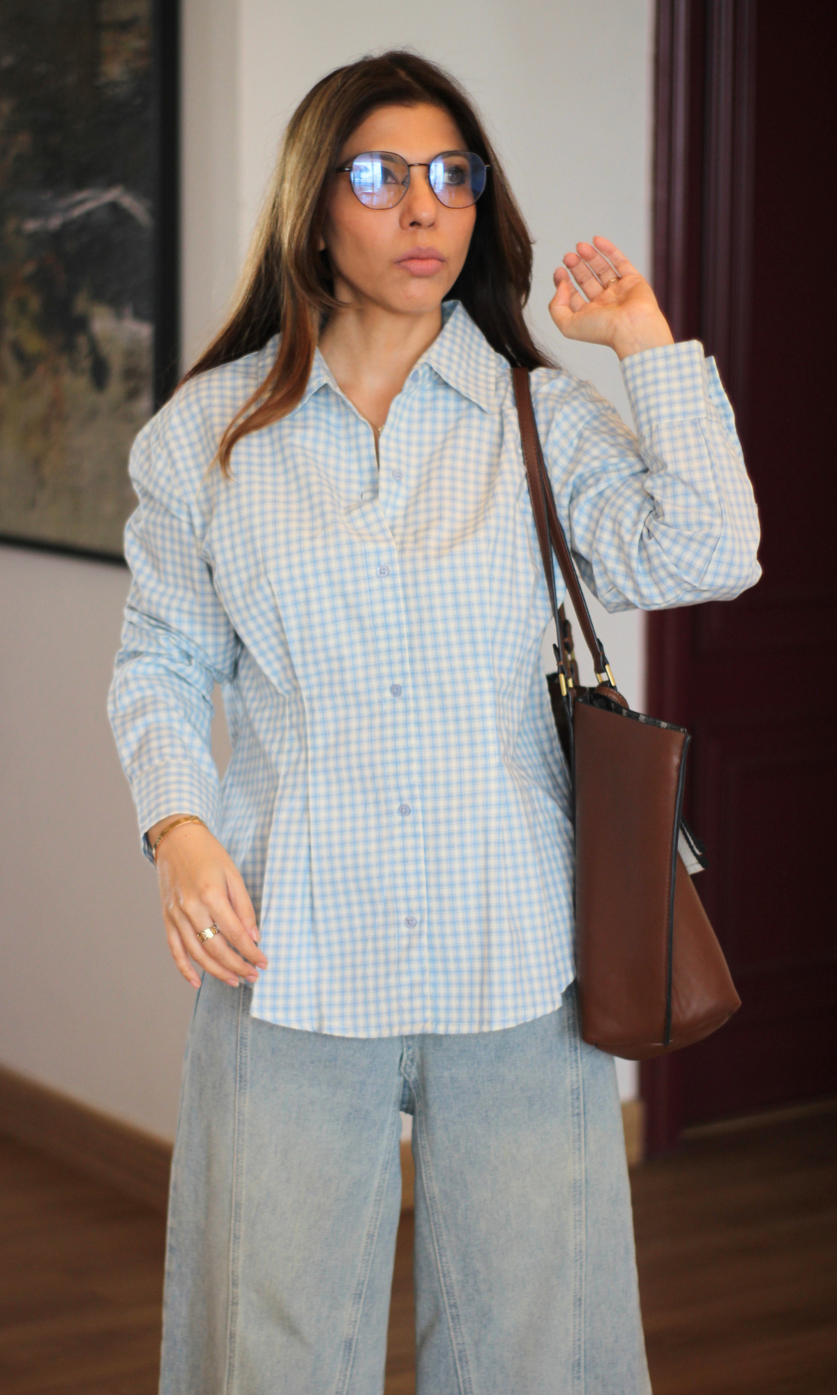 Powder Blue Check Peplum Pleated Shirt