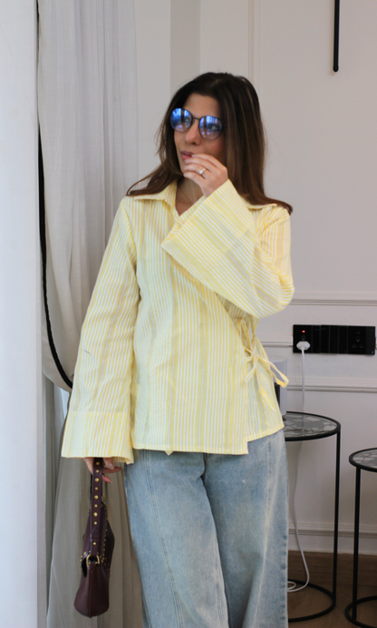 Yellow Stripe Bell-Sleeve Kimono Top