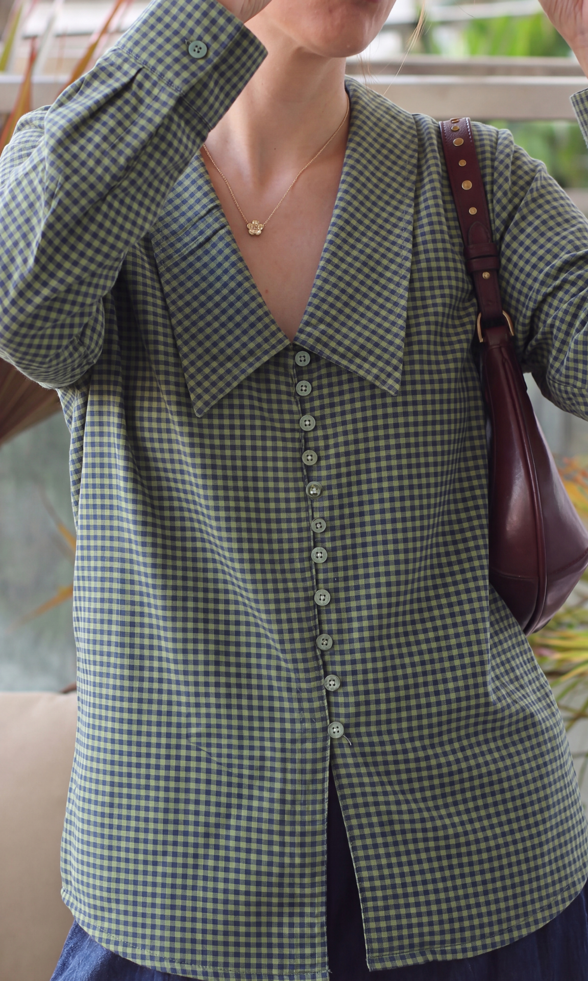 Olive Gingham Oversized Collar Shirt