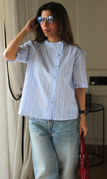 Blue Stripe Mandarin Collar Shirt