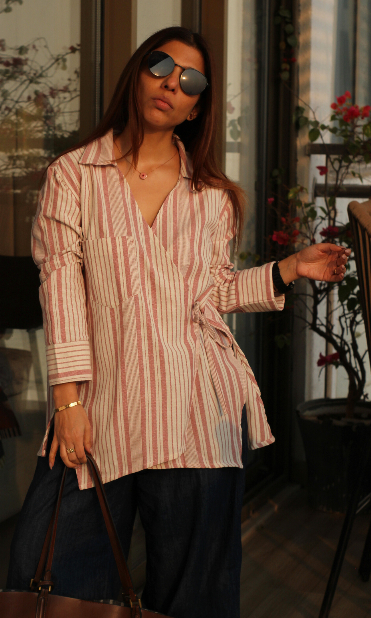 Pink-White Weaved Cuts Detail Kimono Top