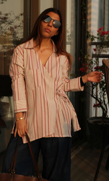 Pink-White Weaved Cuts Detail Kimono Top