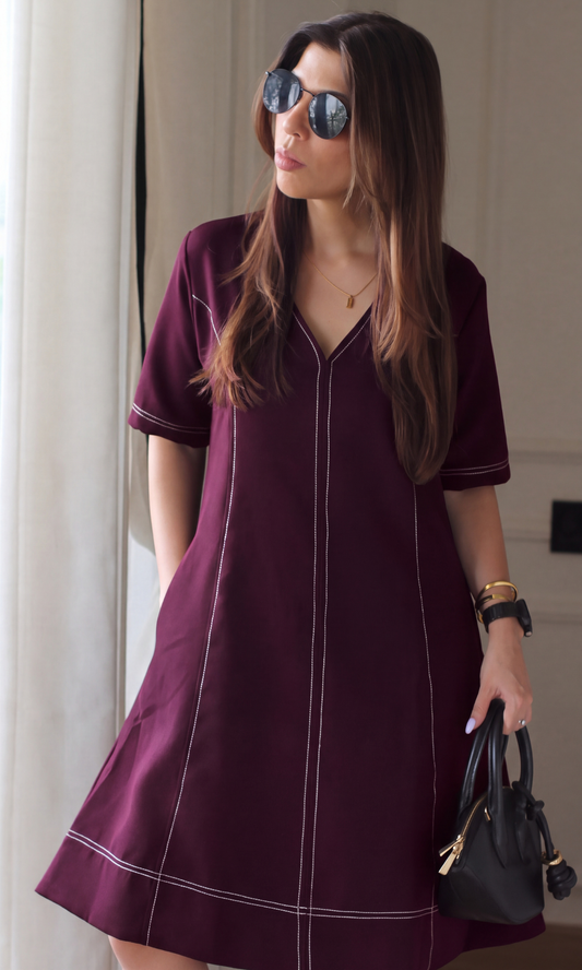 Merlot Contrast-Stitch A-Line Dress