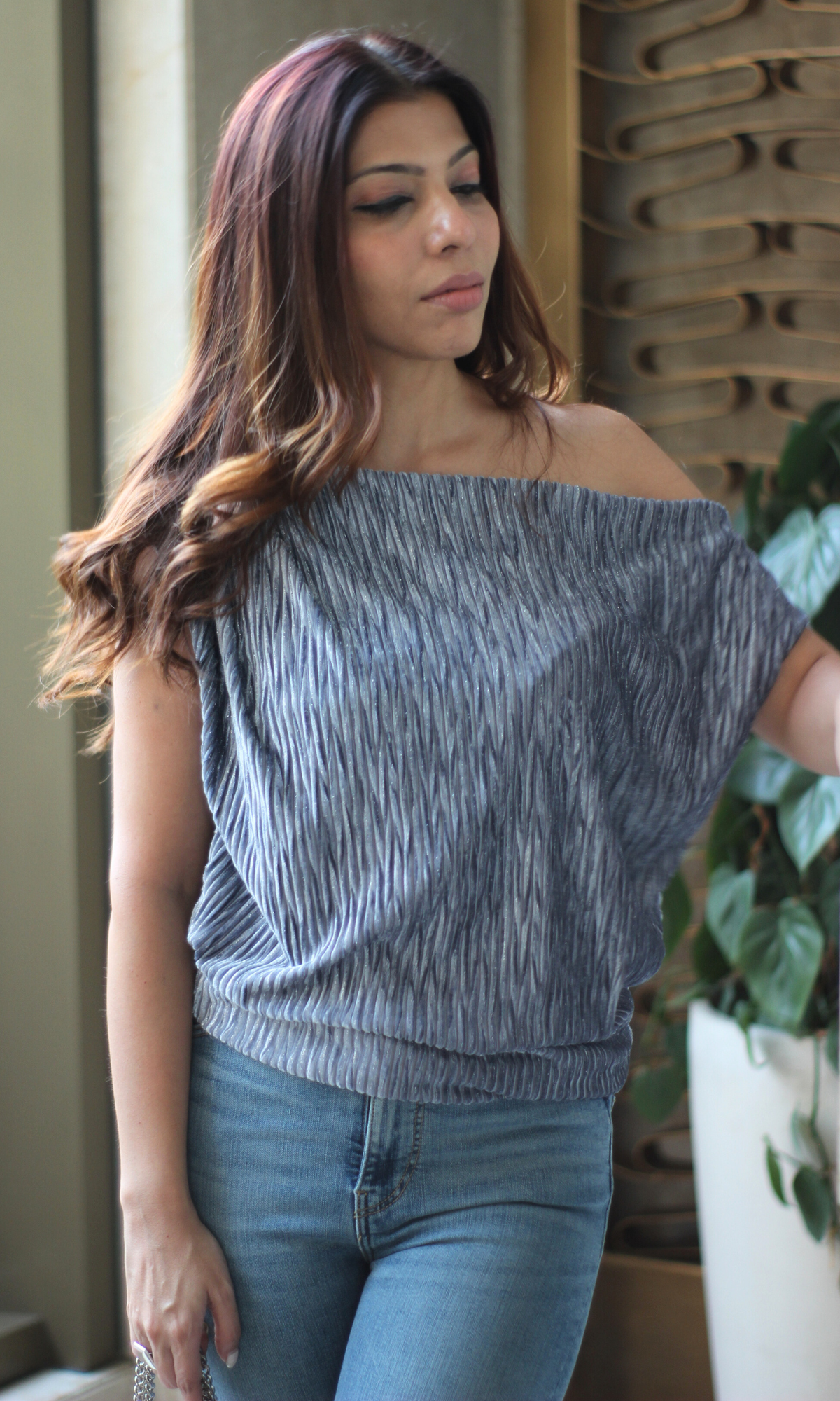 Grey Pleated One-Shoulder Top