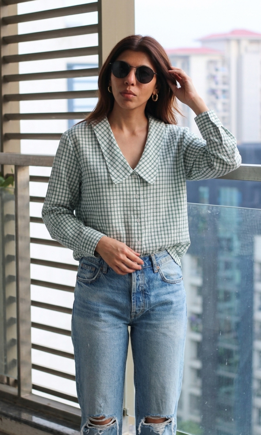 Green Gingham Peter Pan Collared Shirt
