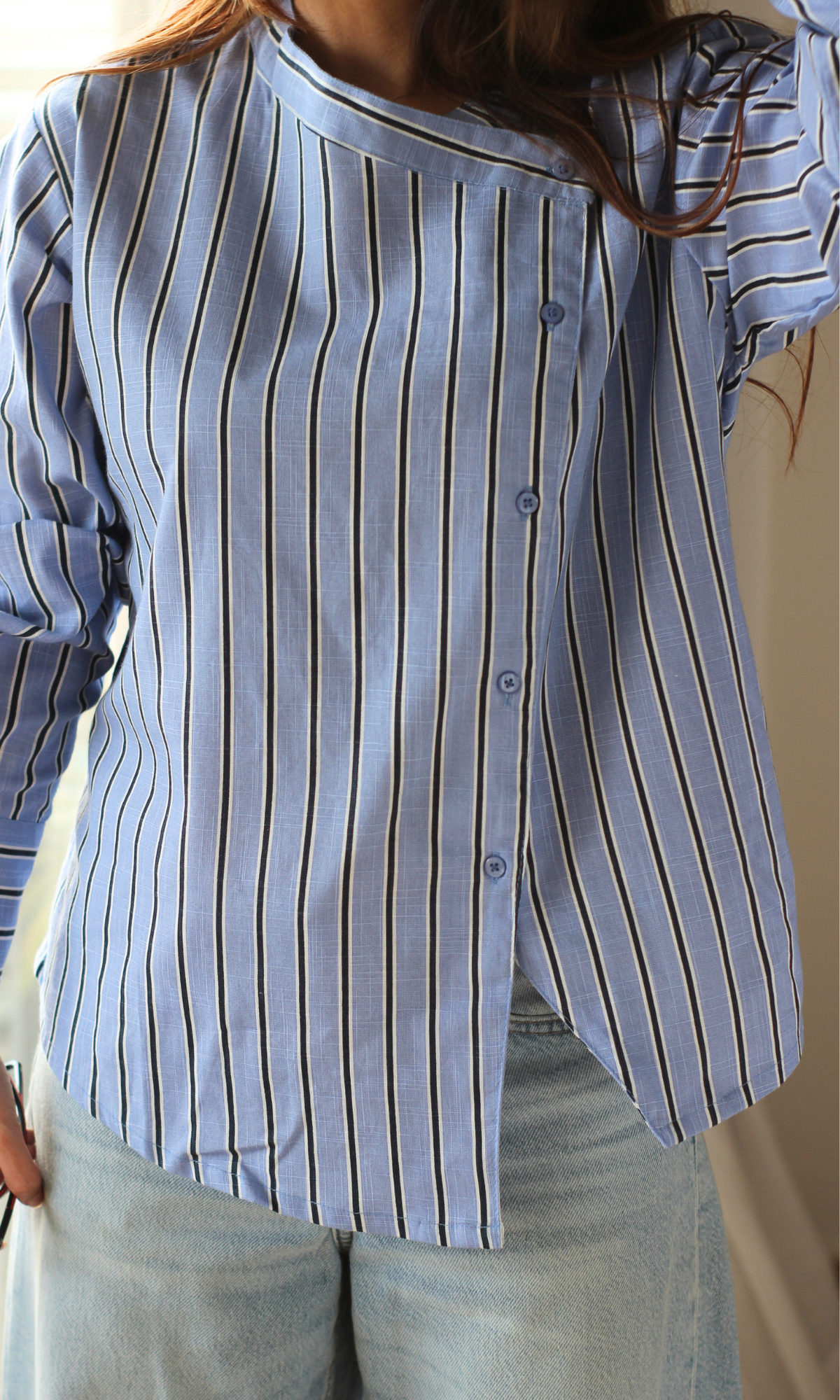Cornflower & Navy Stripe Diagonal Placket Shirt