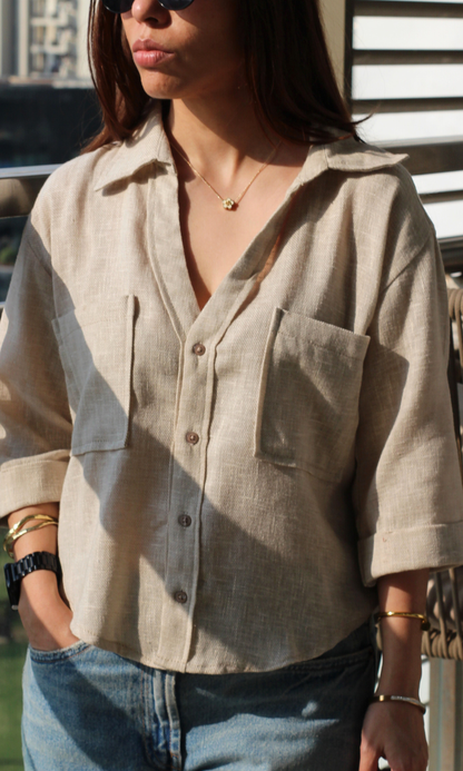 Soft Beige Weave Cropped Shirt