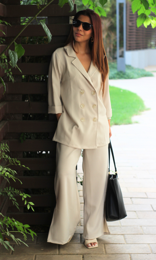 Off-White Striped Blazer Top with Slit Pants Co-ord