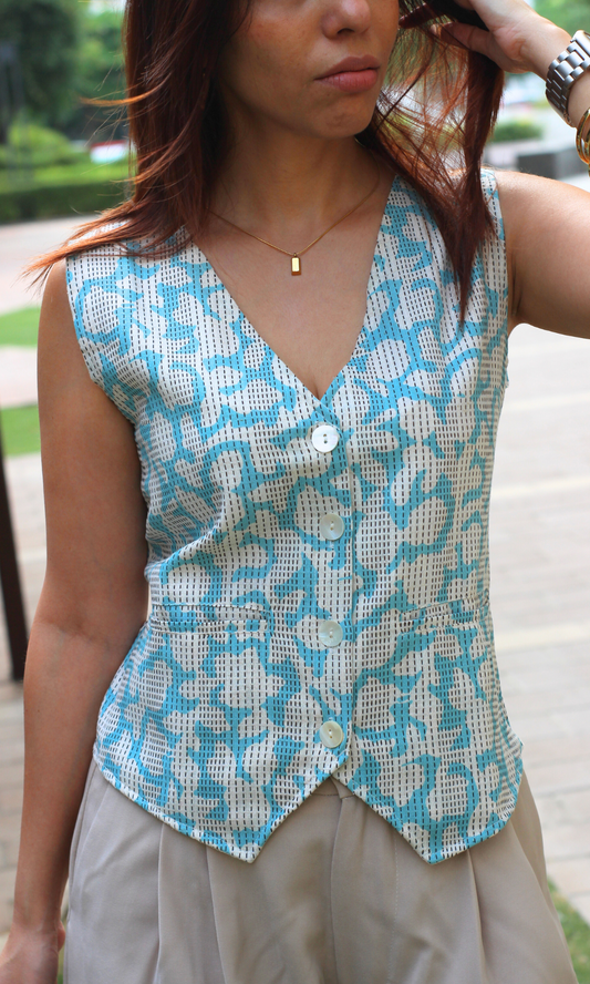 Blue Thread Detail Print Waist Coat