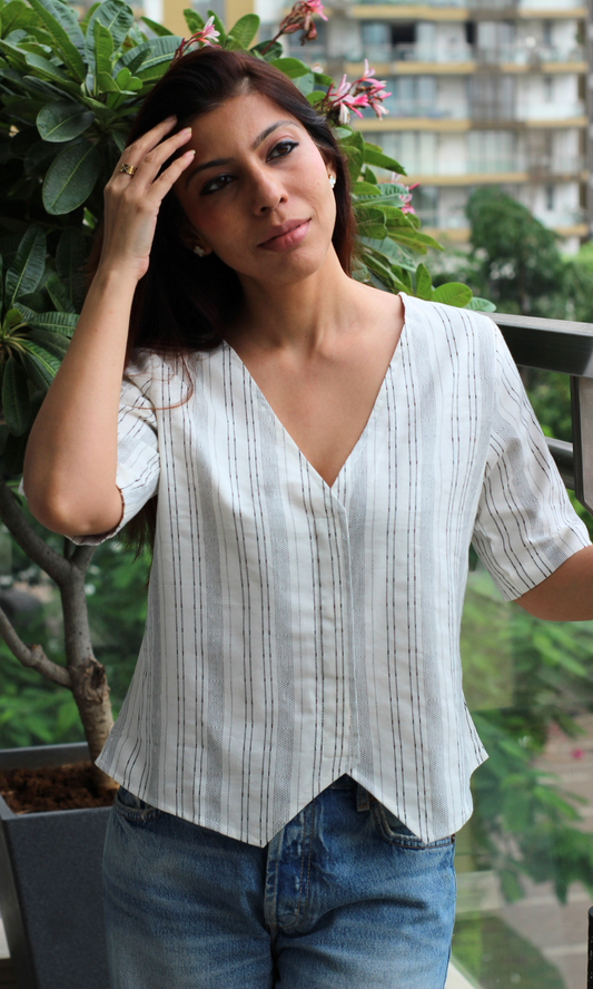 Ivory Striped Sleeved Waist Coat