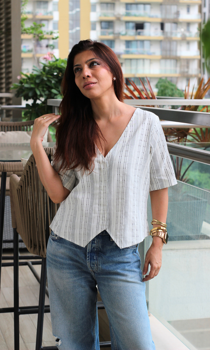Ivory Striped Sleeved Waist Coat