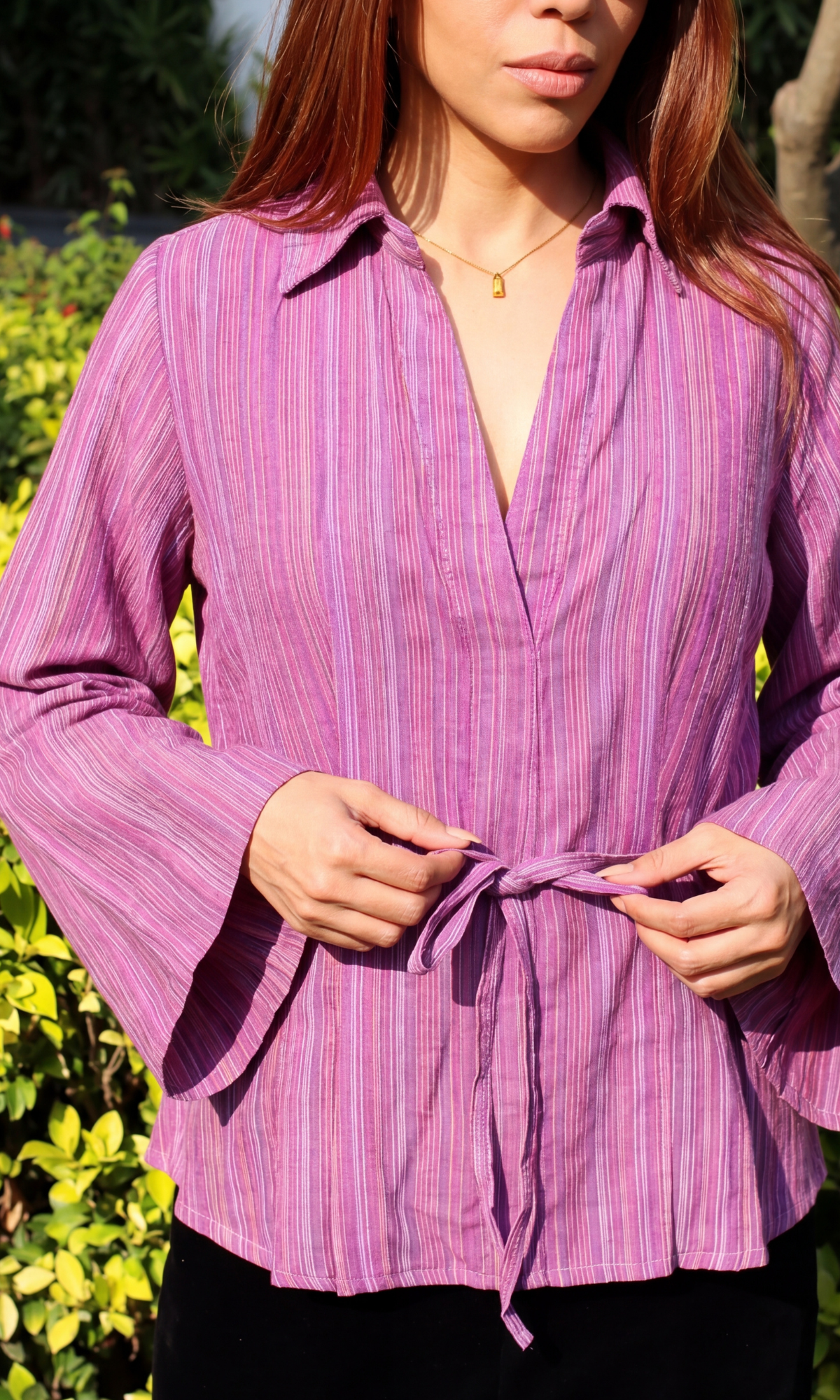 Pink Linear Flared Sleeves Tie Detail Top