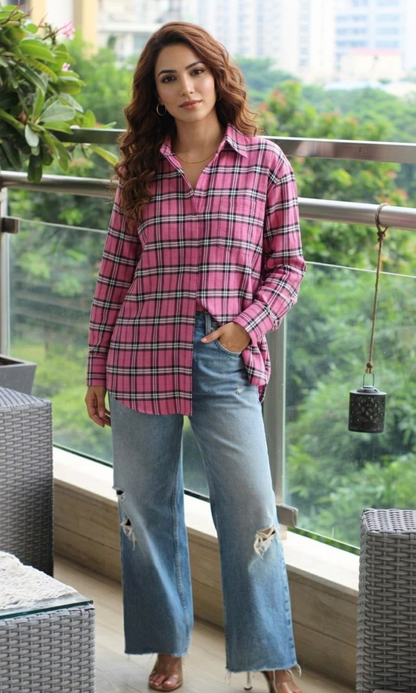 Pink-Black Plaid Cotton Shirt