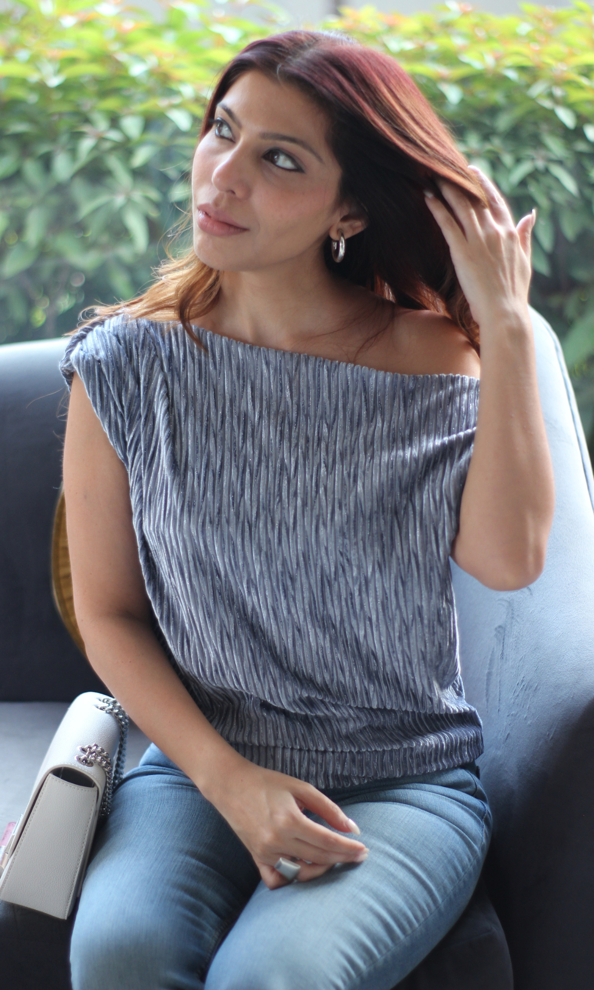 Grey Pleated One-Shoulder Top