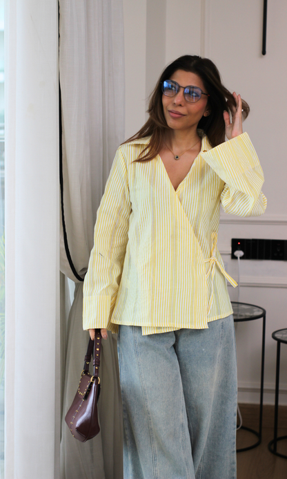 Yellow Stripe Bell-Sleeve Kimono Top