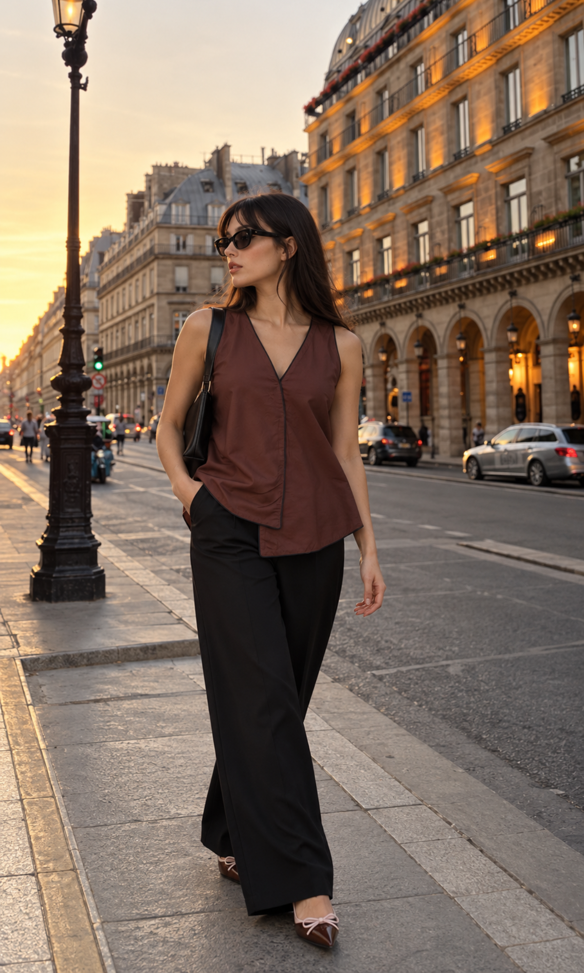 Brown Piped V-Neck Cami