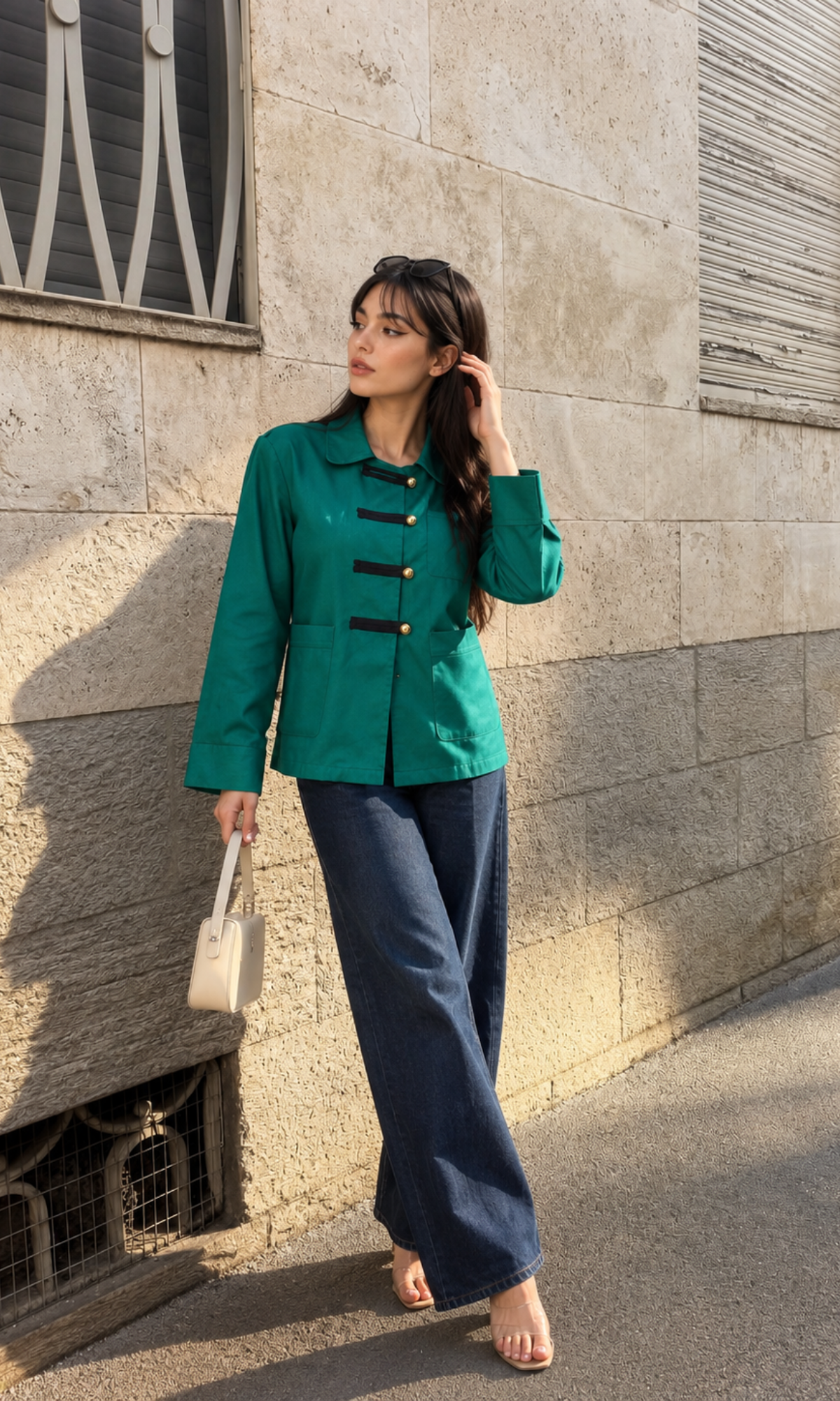 Frog-Closure Green Pinstripe Overshirt