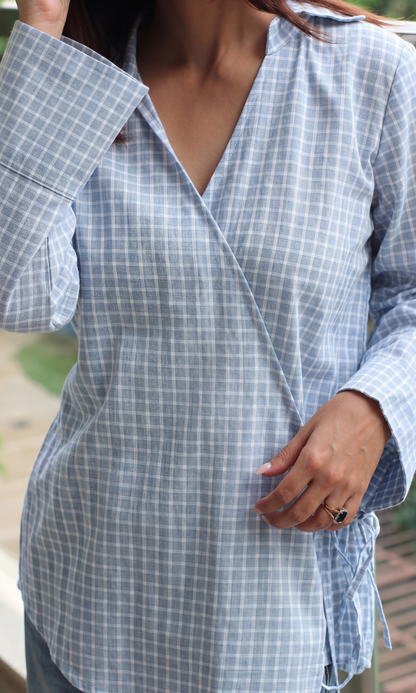Blue Grey Check Kimono Top