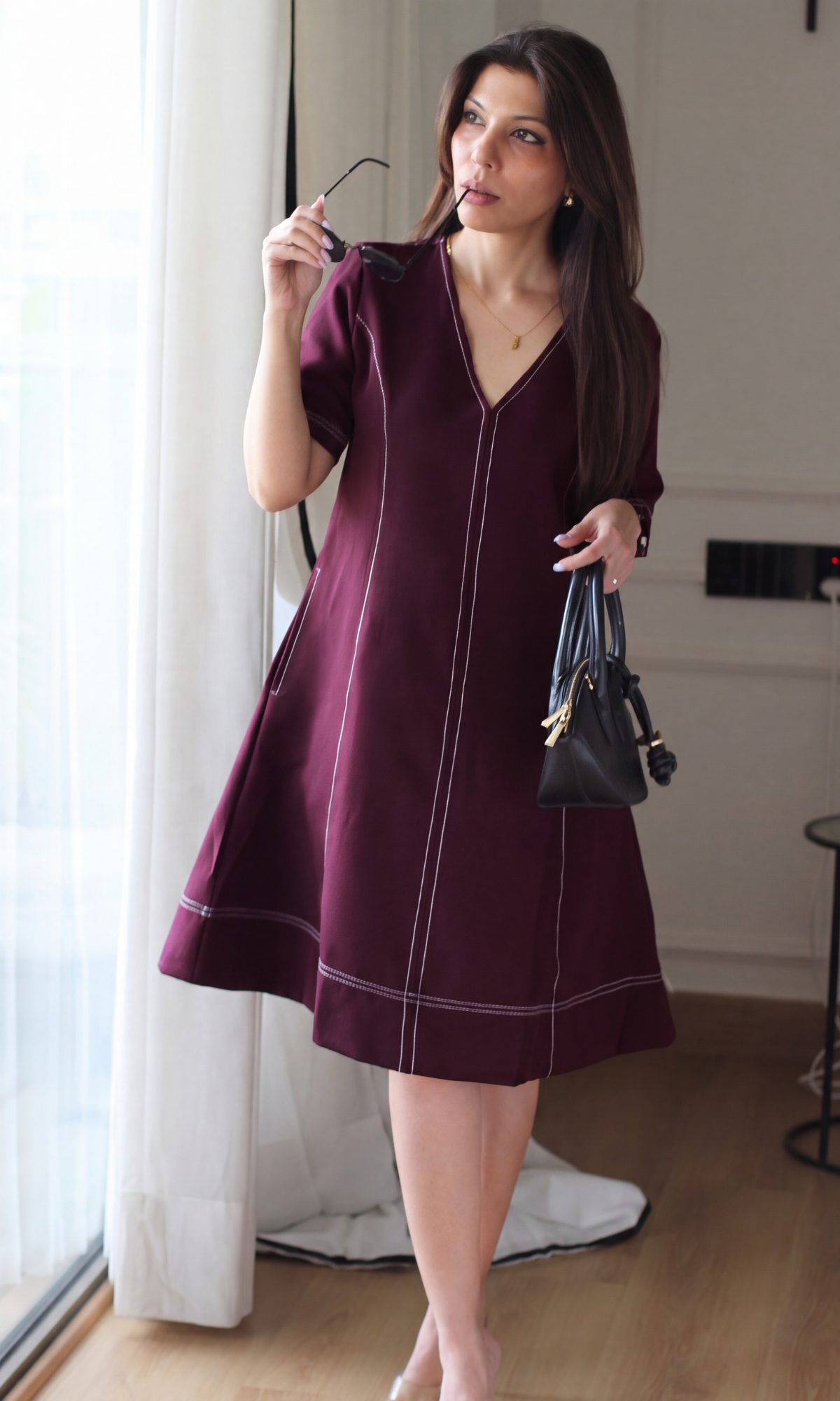 Merlot Contrast-Stitch A-Line Dress