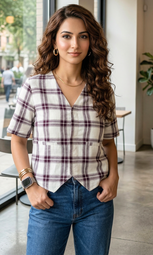 Plum Grid Sleeved Waist Coat