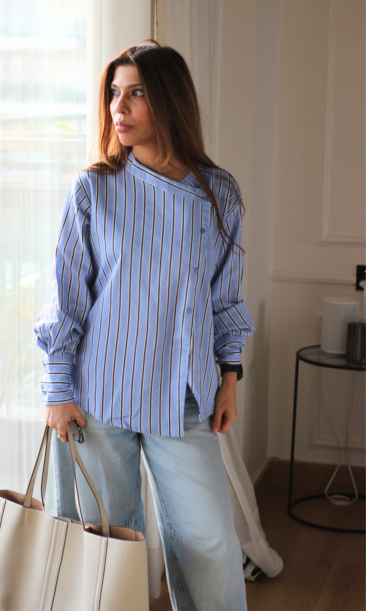 Cornflower & Navy Stripe Diagonal Placket Shirt