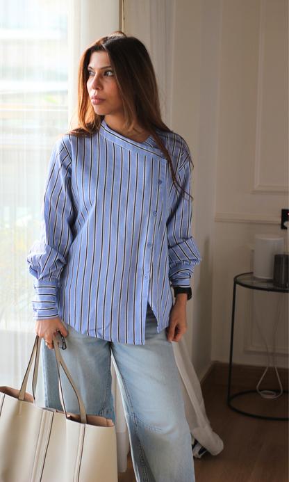 Cornflower & Navy Stripe Diagonal Placket Shirt