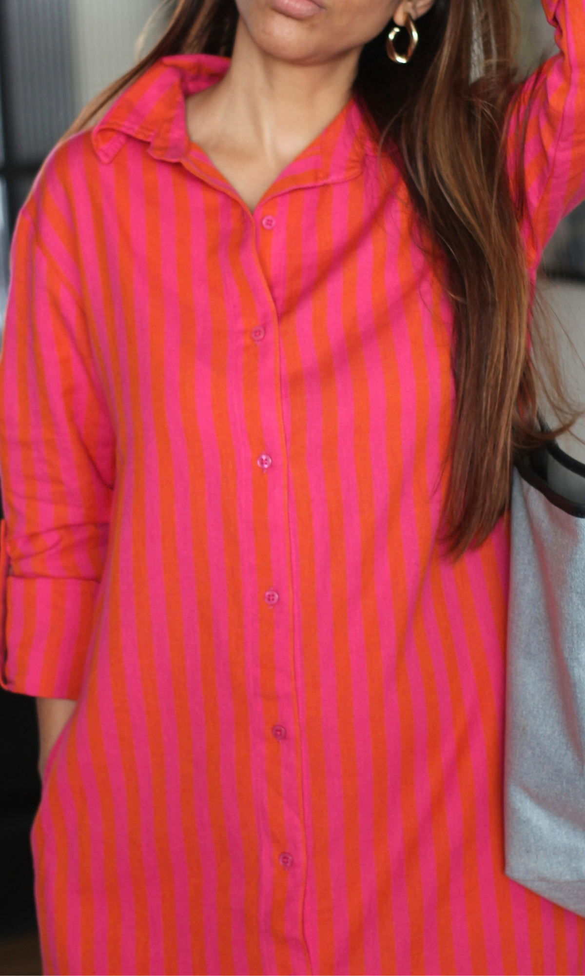 Magenta Orange Stripe Cotton Shirt Dress