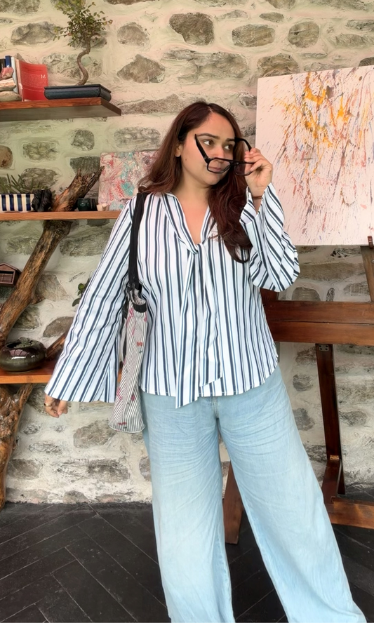 Navy Striped Tie-Neck Flared Sleeve Top
