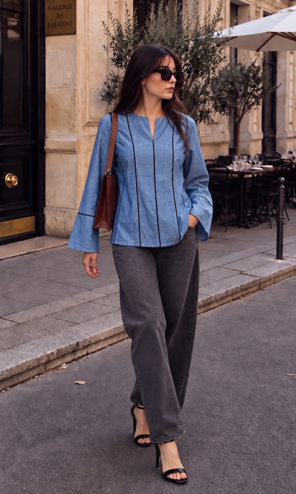 Contrast-Piped Chambray Blouse