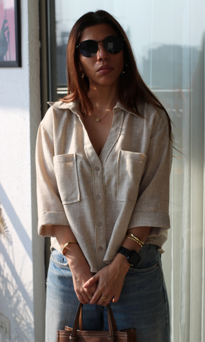 Soft Beige Weave Cropped Shirt