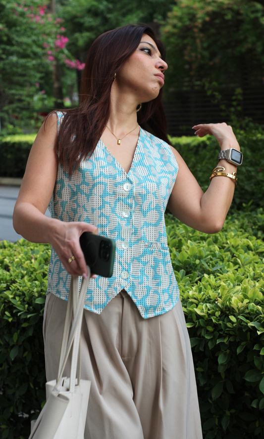Blue Thread Detail Print Waist Coat
