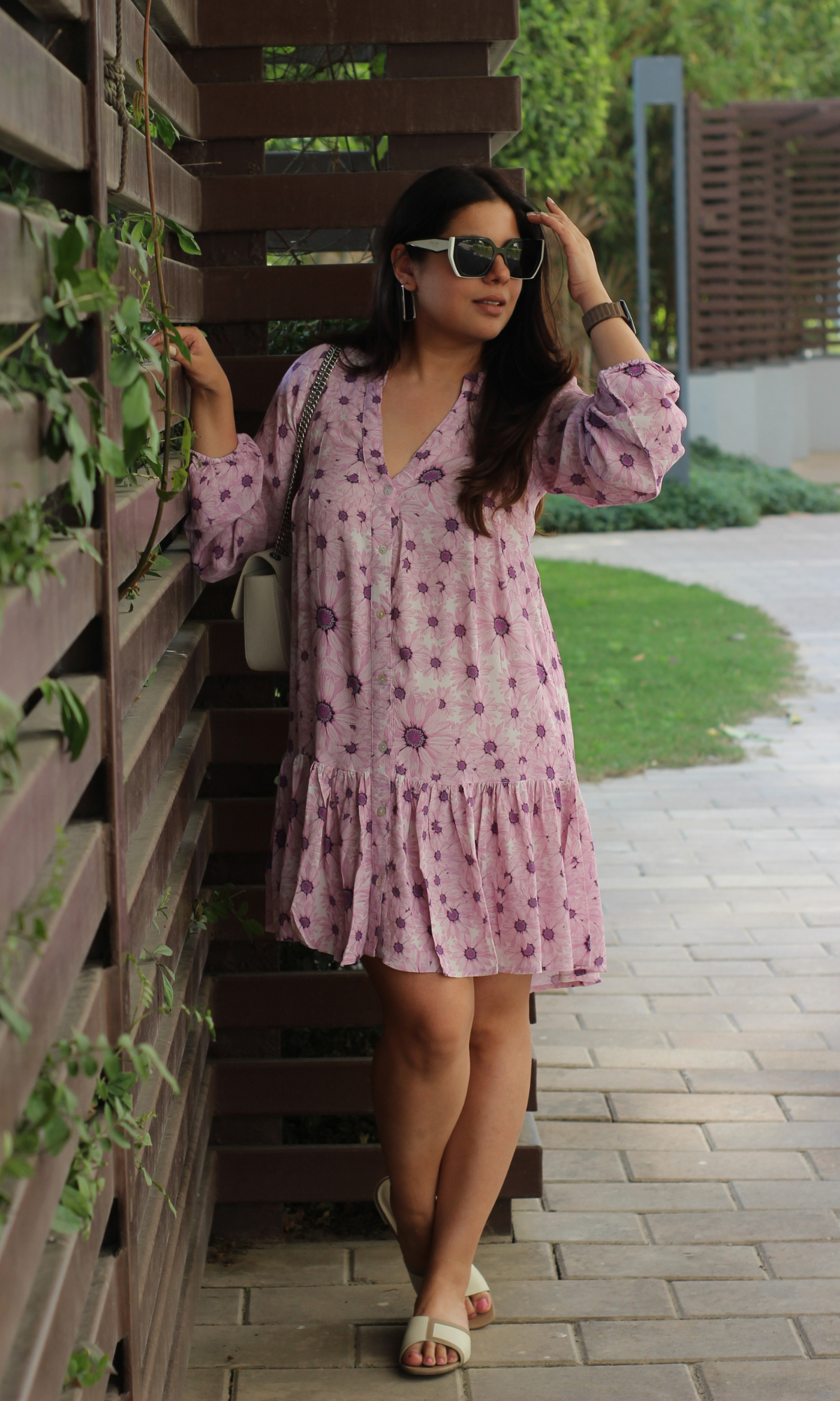 Vibrant Purple Printed Sleeved Crepe Dress