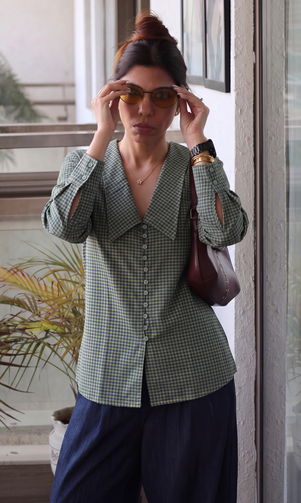 Olive Gingham Oversized Collar Shirt