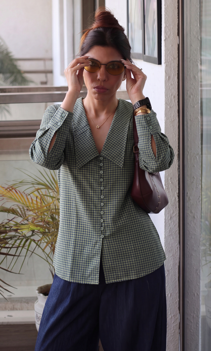 Olive Gingham Oversized Collar Shirt
