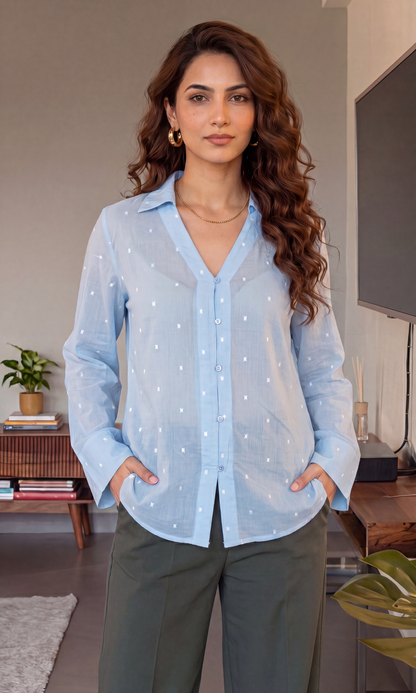 Sky-White Dobby Flared Sleeves Shirt