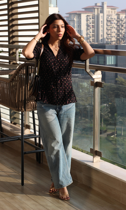 Black Lurex Tie Detail Top