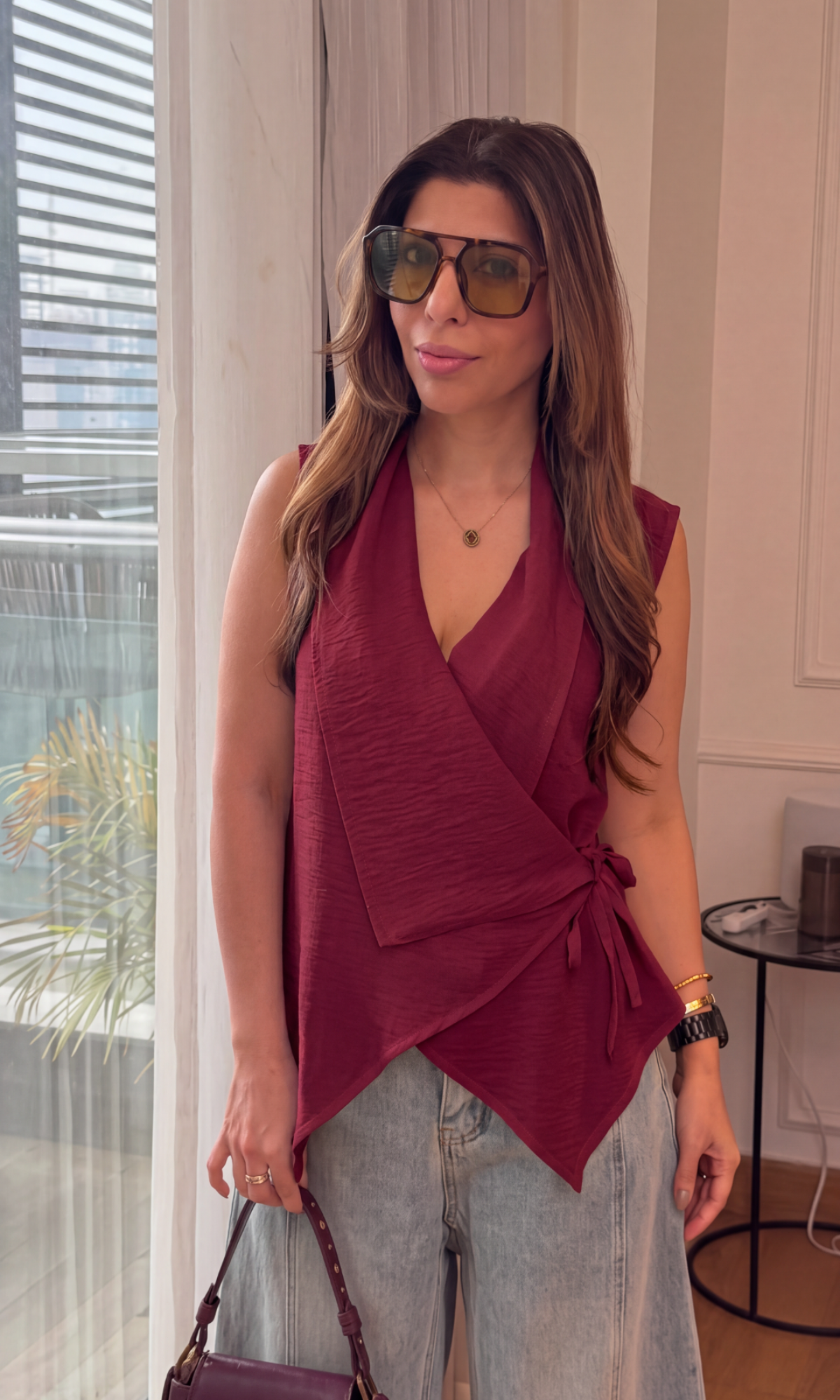 Burgundy Asymmetric Wrap Top.