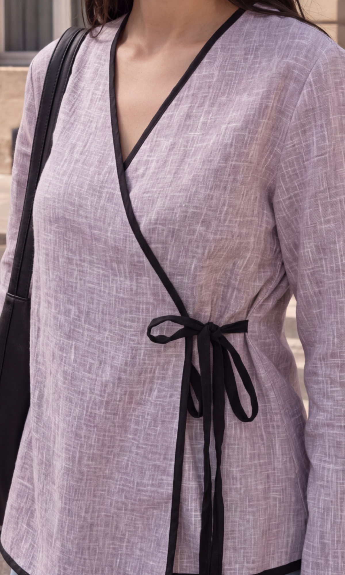 Dusty Mauve Contrast-Trim Tie Kimono Top