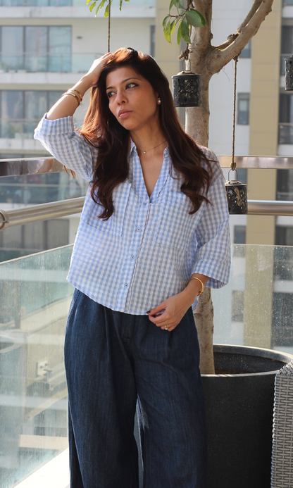 Blue Gingham Check Cropped Shirt